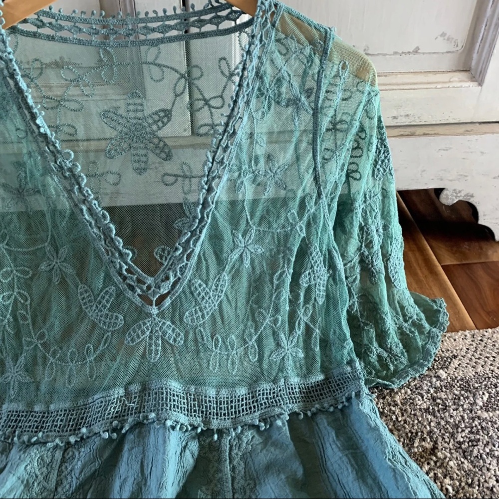 New Teal Lace Crochet Boho Folk Tunic Blouse Top Cover-Up Womens Turquoise - Picture 4 of 7